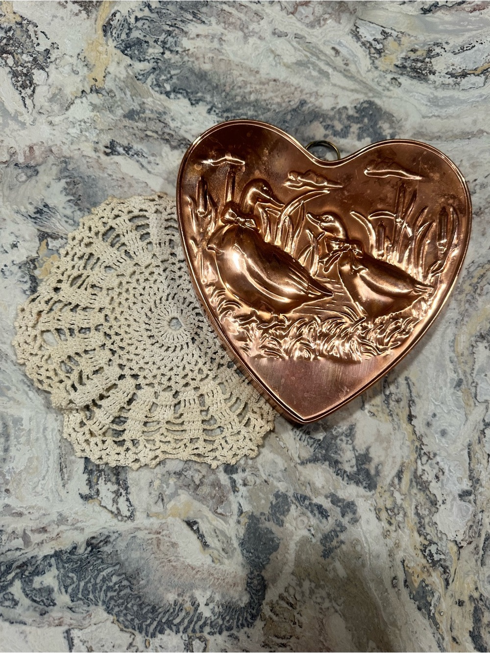 Vintage Heart-Shaped Copper Jello Mold with Goose motif